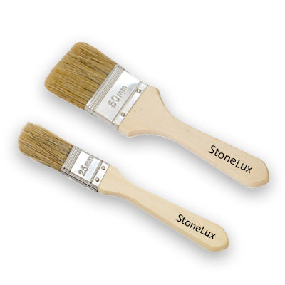 A selection of economy natural bristle paintbrushes with wooden handles, suitable for applying Stonelux stone effect paints